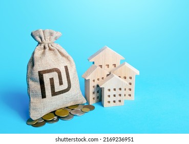 Houses And Israeli Shekel Money Bag. Increasing Property Value. Fair Market Price. Home Taxation. Residential Or Commercial Property Income. Municipal Budget. Real Estate Investment, Rental Business.