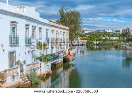 Houses on riverside of Gilao river in Tavira, Portugal.