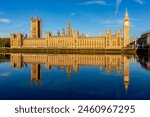 Houses of parliament and Big Ben tower reflected in Thames river, London, UK