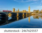 Houses of parliament with Big Ben tower and Westminster bridge reflected in Thames river, London, UK
