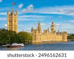 Houses of parliament and Big Ben tower with Thames river, London, UK