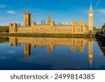 Houses of parliament with Big Ben tower and Westminster bridge reflected in Thames river, London, UK