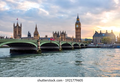 Houses of Parliament, Big Ben and Westminster bridge at sunset, London, United Kingdom - Shutterstock ID 1921779605