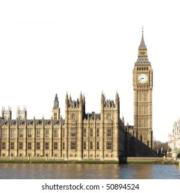 Houses of Parliament with Big Ben, Westminster Palace, London, UK - isolated over white with copy space