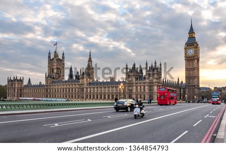Houses of Parliament and Big Ben from Westminster bridge at sunset, London, UK