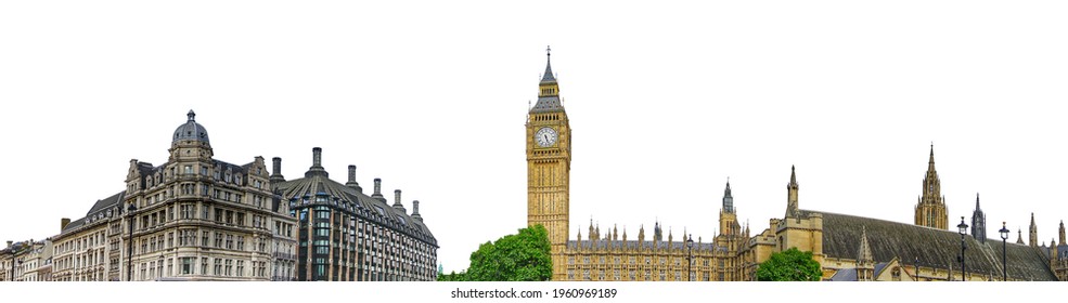 Houses of Parliament, or Westminster Palace, with Big Ben tower (London, UK) isolated on white background
