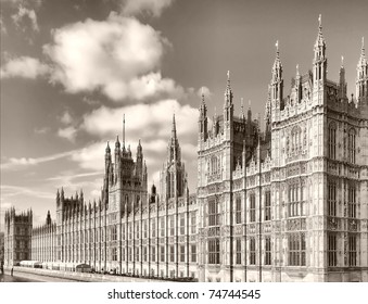 Houses of Parliament, Westminster Palace, London gothic architecture - high dynamic range HDR - rectilinear frontal view