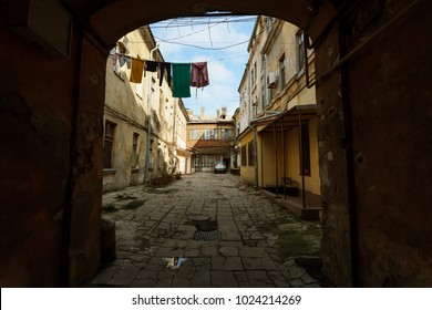 Houses In A Poor Neighborhood Where Poor People Live. Destruction Of Old Houses, Earthquakes, Economic Crisis, Abandoned Houses. Broken Unfit House. Odessa, Ukraine, 2018