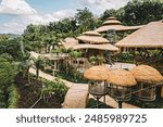 houses surrounded by jungle, in the forest park YaNoDa, A national park in the center of Hainan Island, China.