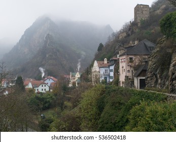 Houses Of The Town Of Durnstein On A Foggy Winter Day In Austria's Wachau Valley