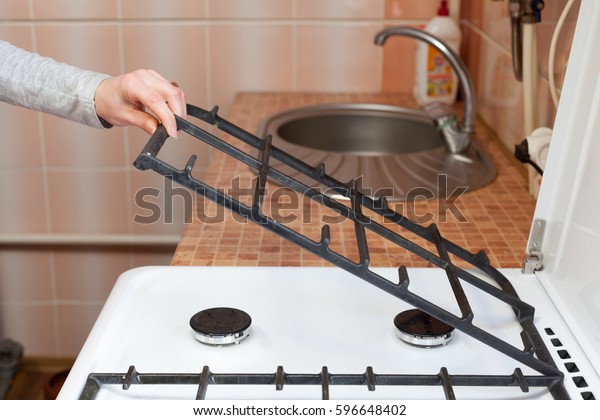 Housewife Hold Metal Grates Clean Dirty Stock Photo Edit Now