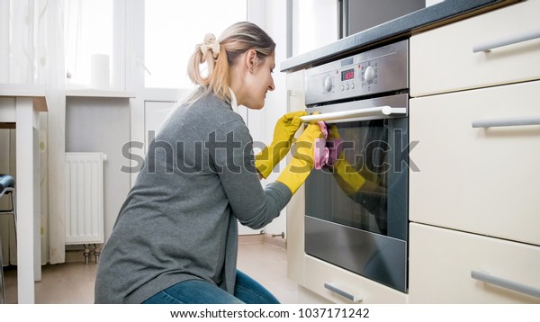 Housewife Latex Gloves Cleaning Glass Door Stock Photo Edit