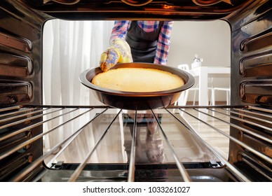 Housewife taking cheesecake out of oven in kitchen. View from inside of the oven. Woman wearing black apron and colorful oven mitt.