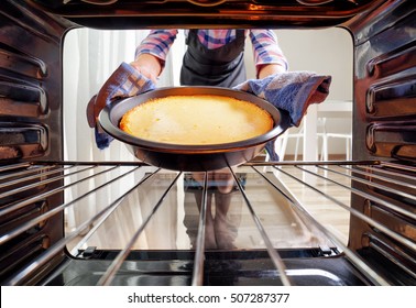 Housewife using dishcloth for taking cheesecake out of oven in kitchen. View from inside of the oven. Woman wearing colorful checkered shirt and black apron.