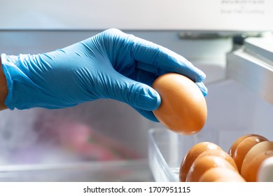 Housewife Wearing Blue Latex Gloves Stocking Fresh Chicken Eggs In Refrigerator. People Panic And Prepare To Pandemic Quarantine. Stay At Home Policy From Government During Coronavirus Or COVID-19