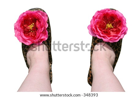 A housewife's legs wearing tacky fake fur slippers.  Isolated with path
