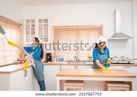 Housework or house keeping service female cleaning dust in house, cleaning agency small business. professional equipment cleaning old home.