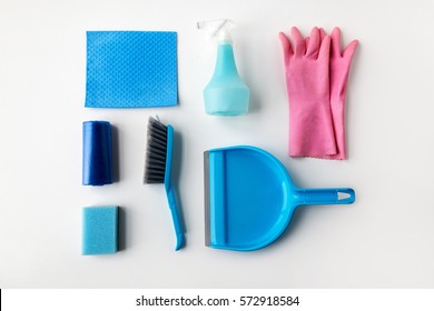 housework, housekeeping and household concept - cleaning stuff on white background - Powered by Shutterstock