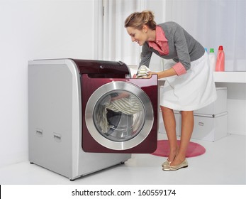 Housework, Young Woman Doing Laundry