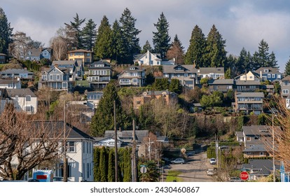 Housing community and neighborhood on a hilltop in Tacoma Washington; 