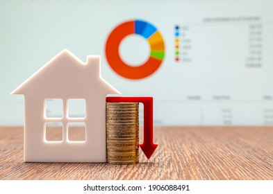 Housing Market Concept Image With Graph And Down Arrow, Real Estate Prices Concept. Copy Space