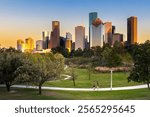 Houston Downtown modern business city with skyscraper city scape with park view from Buffalo Bayou center of Houston city, Texas, United States of America, US at sunset time