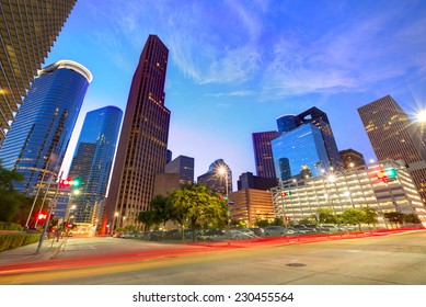 Houston Downtown Skyline At Sunset From South In Texas US USA