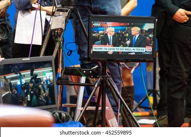 HOUSTON - FEBRUARY 25, 2016: Anderson Cooper talks with Donald Trump after the RNC debate.