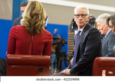 HOUSTON - FEBRUARY 25, 2016: Anderson Cooper sits on the set for a interview with Donald Trump after the RNC debate.