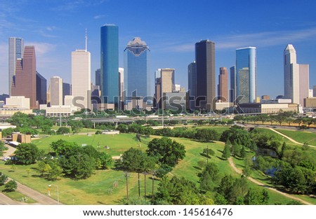 Houston skyline in the afternoon with Memorial Park in foreground in Texas