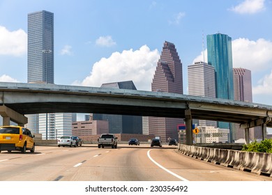 Houston Skyline From Gulf Freeway I 45 Interstate Traffic At Texas US USA