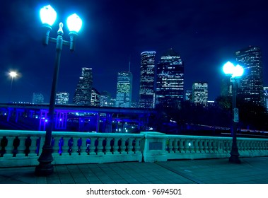 Houston Skyline At Night With Bridge In Foreground