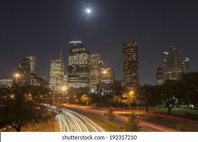 Houston Skyline At Night With Moving Traffic, Texas, USA