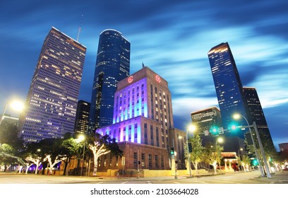 Houston - Skyline Panorama Of City Hall And Downtown, Texas By Night, USA