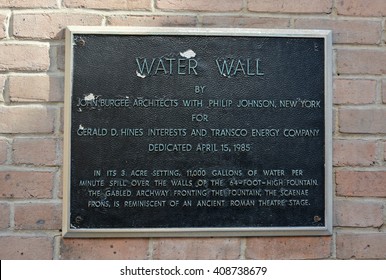 HOUSTON, TEXAS - APRIL 06, 2016: A Water Wall Fountain Board In Houston, Texas