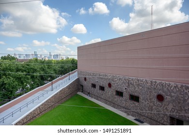 Houston, Texas - August 29, 2019: Health And Physical Education Arena At The Texas Southern University. Houston Skyline In The Distance. TSU Will Host The Democtratic Primary Debate In September 2019