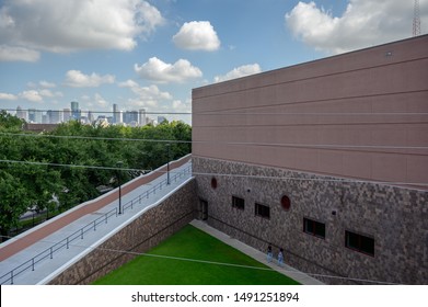 Houston, Texas - August 29, 2019: Health And Physical Education Arena At The Texas Southern University. Houston Skyline In The Distance. TSU Will Host The Democtratic Primary Debate In September 2019