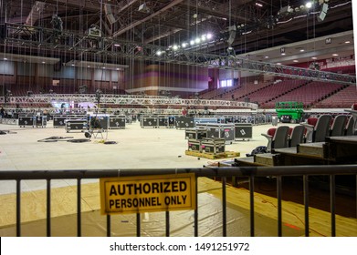 Houston, Texas - August 29, 2019: Construction Of The Stage For The ABC News Democratic Primary Debate At The Texas Southern University's Health And Physical Education Arena.