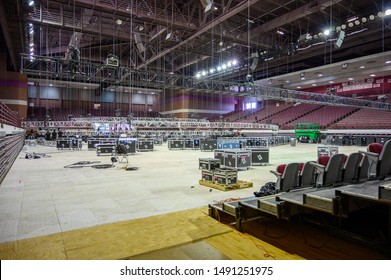 Houston, Texas - August 29, 2019: Construction Of The Stage For The ABC News Democratic Primary Debate At The Texas Southern University's Health And Physical Education Arena.