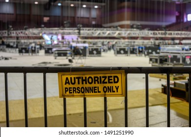 Houston, Texas - August 29, 2019: Sign Authorized Personnel Only. Construction Of The Stage For The 3rd Democratic Primary Debate At The Texas Southern University's Health And Physical Education Arena