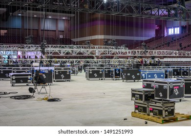 Houston, Texas - August 29, 2019: Construction Of The Stage For The ABC News Democratic Primary Debate At The Texas Southern University's Health And Physical Education Arena.