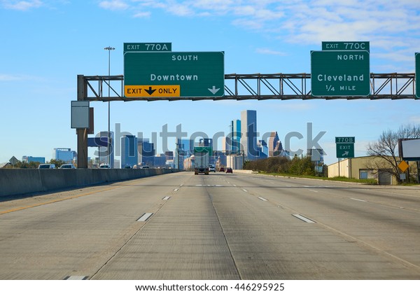 Houston texas downtown\
road sign in USA