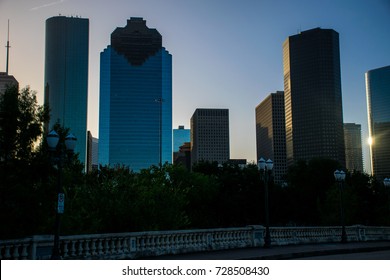 The Houston Texas Greenbelt Sunrise A Sunrise To Remember After Hurricane Harvey 2017 One Month Later On Sabine Street Bridge, Houston Tx Skyline Cityscape View Above Buffalo Bayou River Park