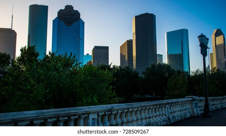 The Houston Texas Greenbelt Sunrise A Sunrise To Remember After Hurricane Harvey 2017 I Month Later On Sabine Street Bridge, Houston Tx Above Greenbelt Buffalo River Bayou Park Skyline Cityscape View