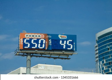 Houston, Texas - March 19/2019: Power Boll's And Mega Million's Billboard Outside. Jackpot