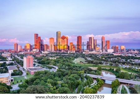 Houston, Texas. Sunset view of Houston Downtown Skyscrapers  