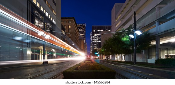 Houston, Texas. Tram Moving At Main Street At Night