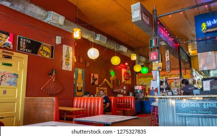 Houston, Texas, United States Of America - December 27, 2016. Interior View Of Tacos A Go Go Tex-mex Restaurant In Houston, With People And Furniture.