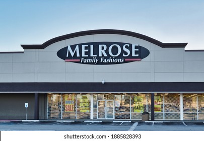 Houston, Texas USA 01-01-2021: Melrose Family Fashions Storefront In Houston, TX. Clothing Chain Store Located In Southwestern USA, Est. In 1976.