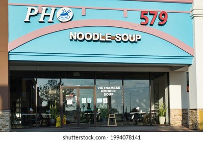 Houston, Texas USA 06-03-2021: Pho Noodle Soup Building Exterior In Houston, TX. Casual Dining Vietnamese Restaurant.